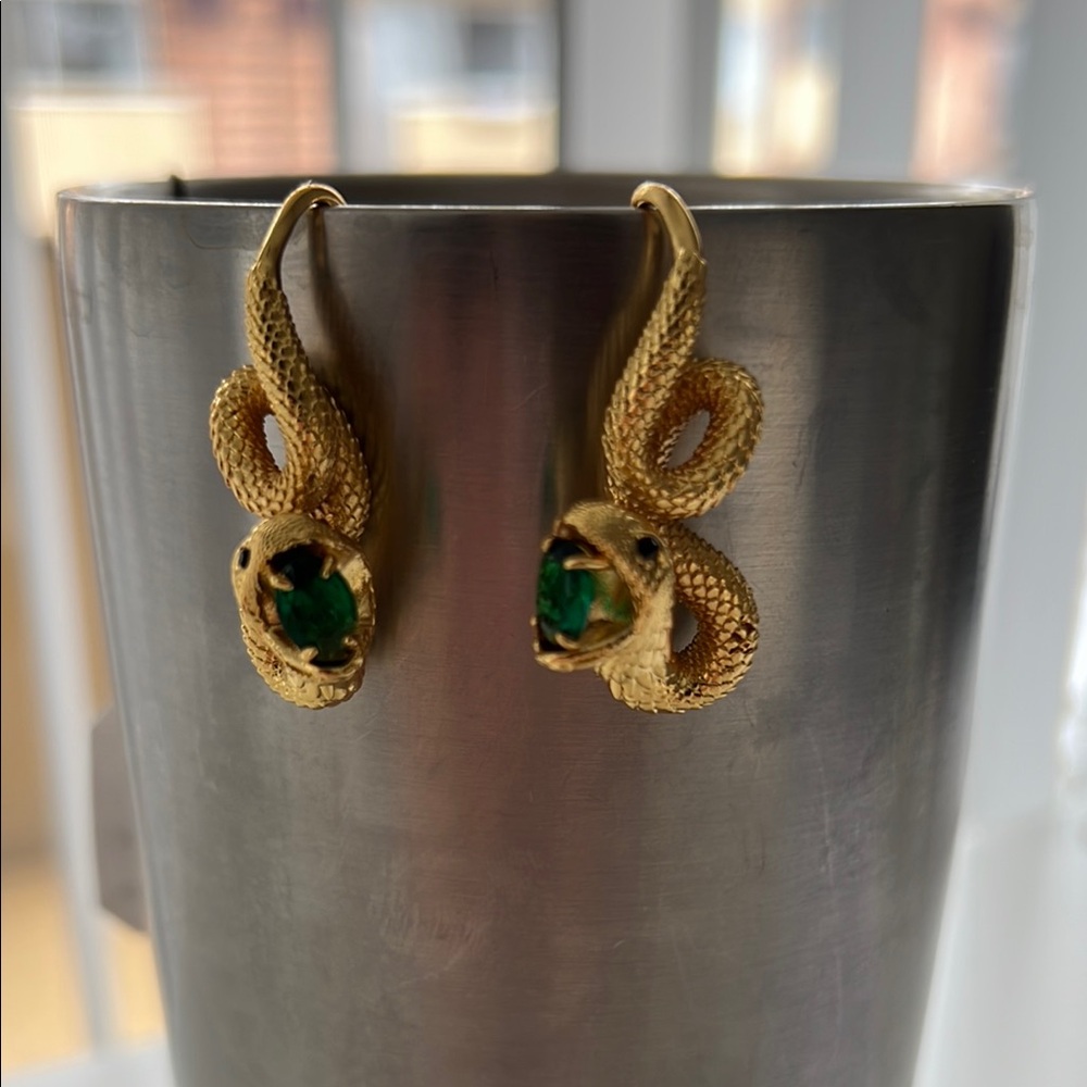 Serpentine Gold Earrings with Green Gemstone